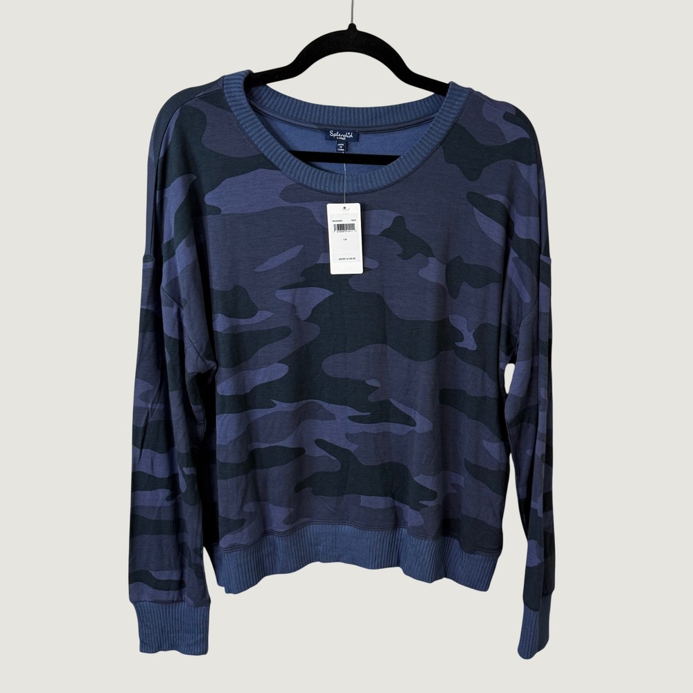 Splendid Camo Pullover Sweatshirt Blue Camouflage Size Large Fall Layering NWT